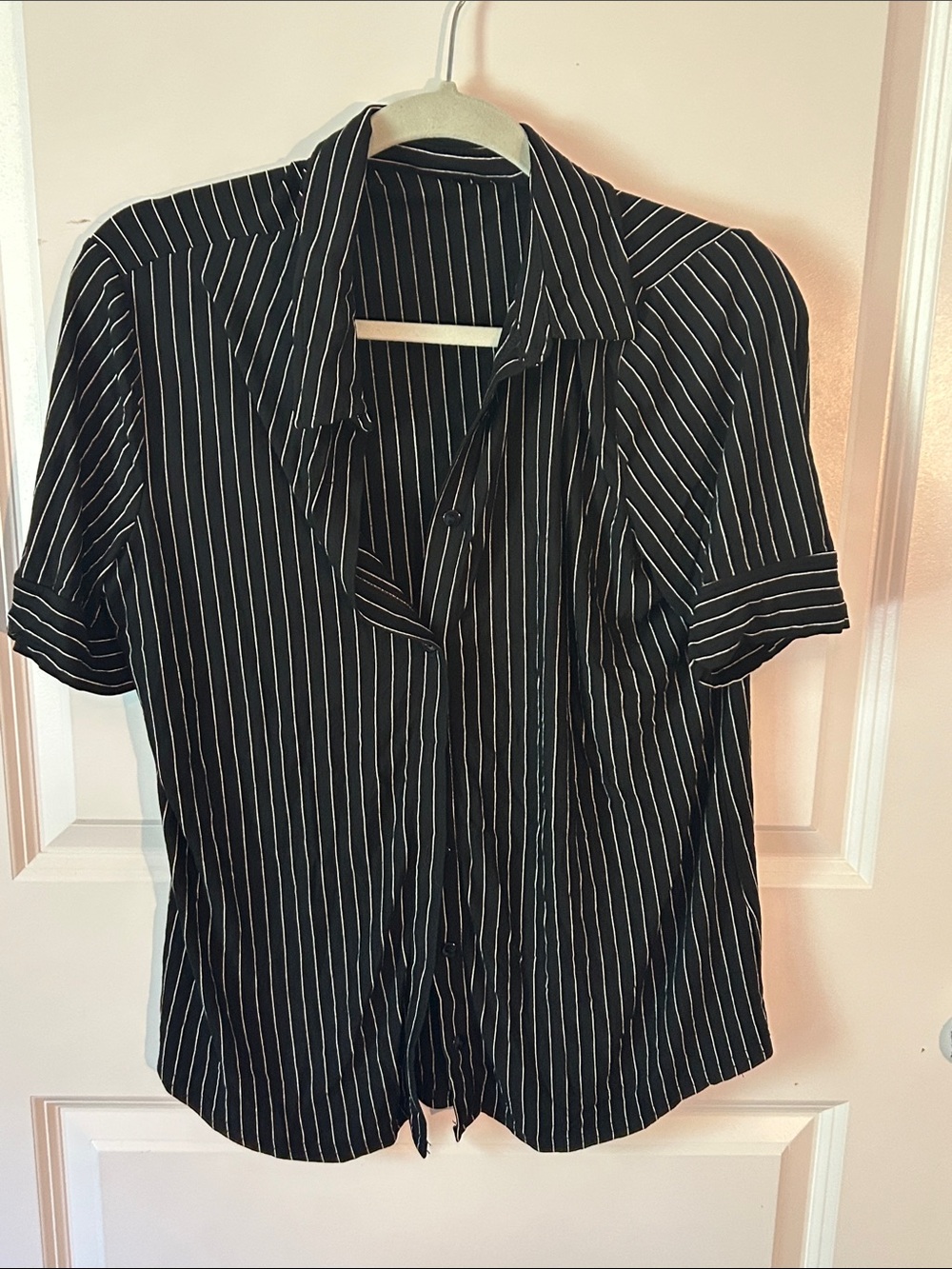 Classic Black Pinstripe Short-Sleeve Button-Up Top